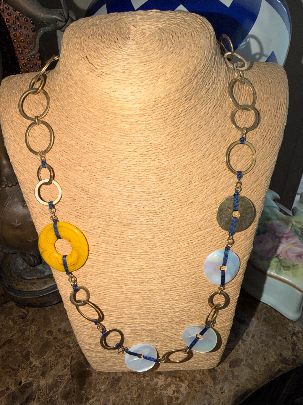 Brass Circles Hammered Flat And Shiny Different Sizes Mother Of Pearl And Yellow